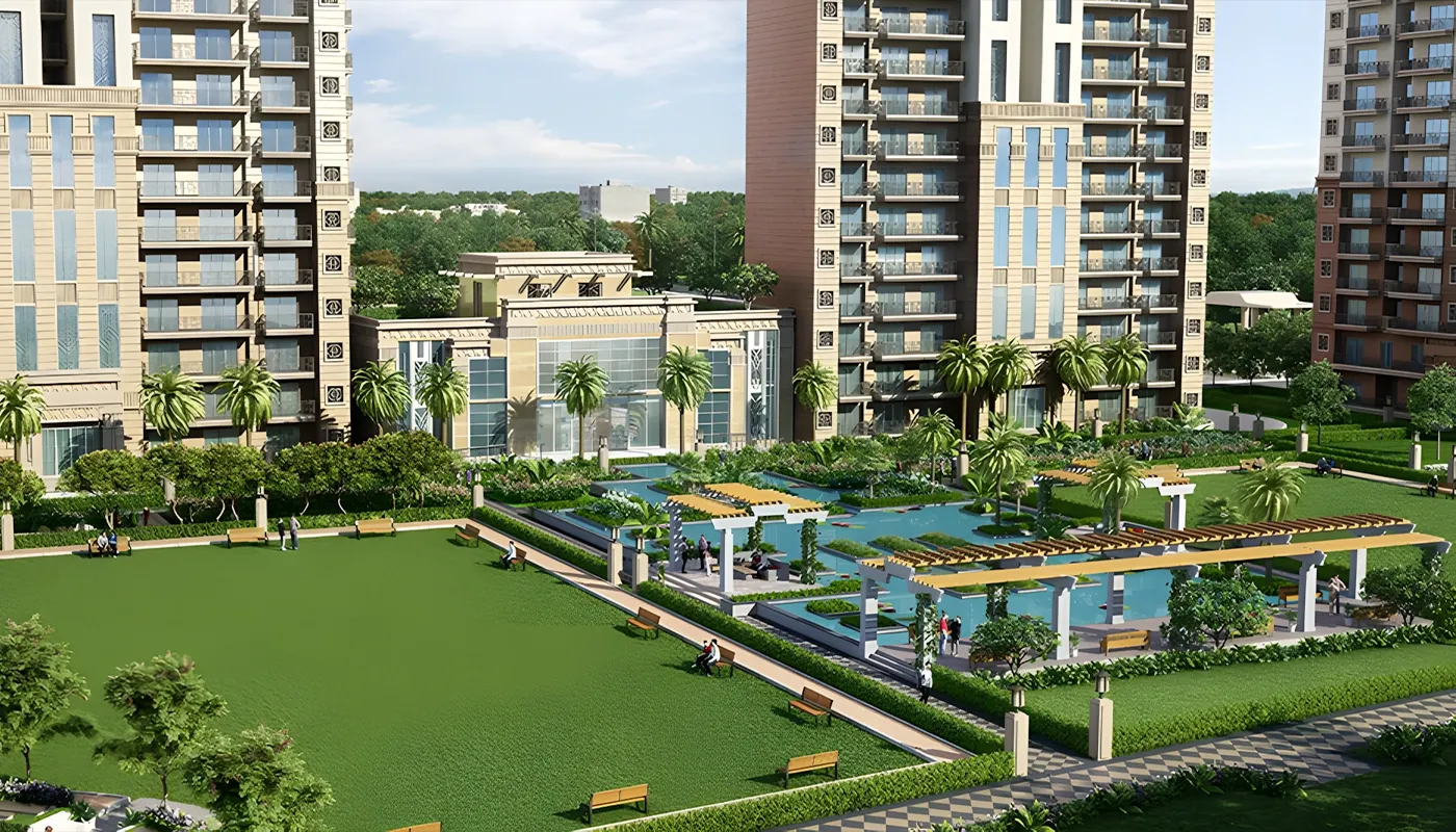 Aerial view of the central green and 11 towers at Ace Sector 150, Noida