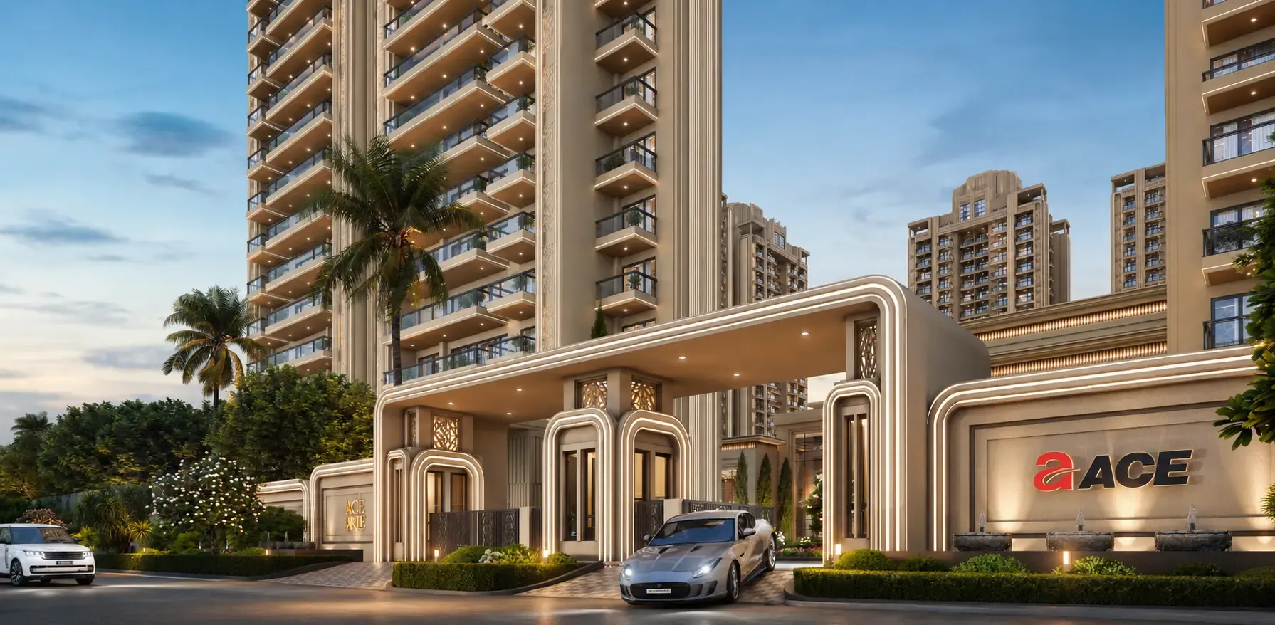 Grand arrival gateway with ACE signage at Ace Sector 150, Noida