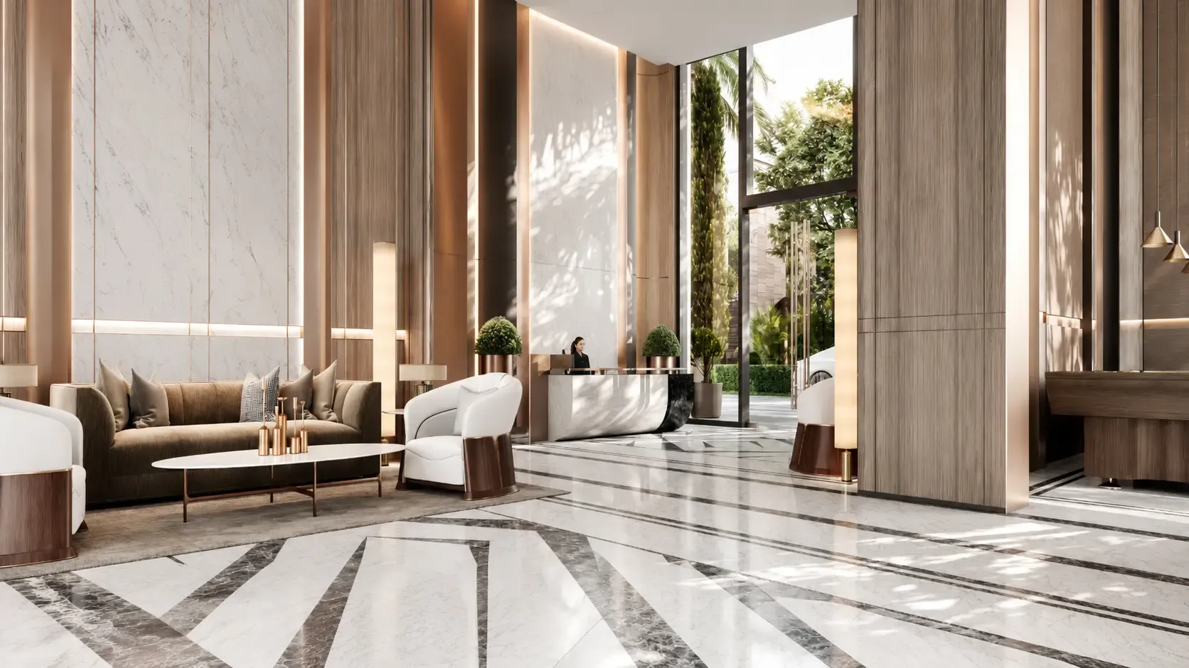 Double-height arrival lobby at Ace Sector 150, Noida