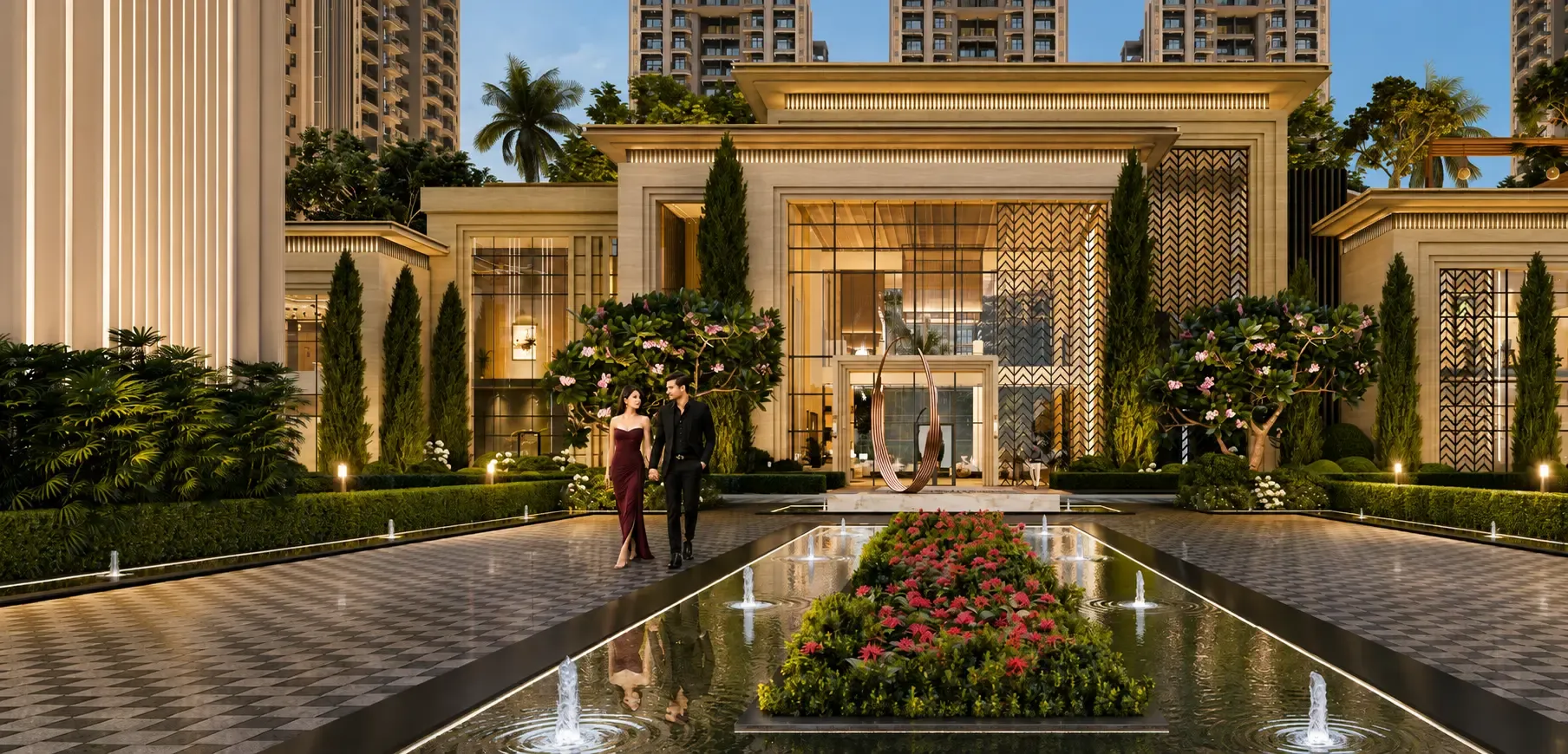 Clubhouse forecourt with water features at Ace Sector 150, Noida